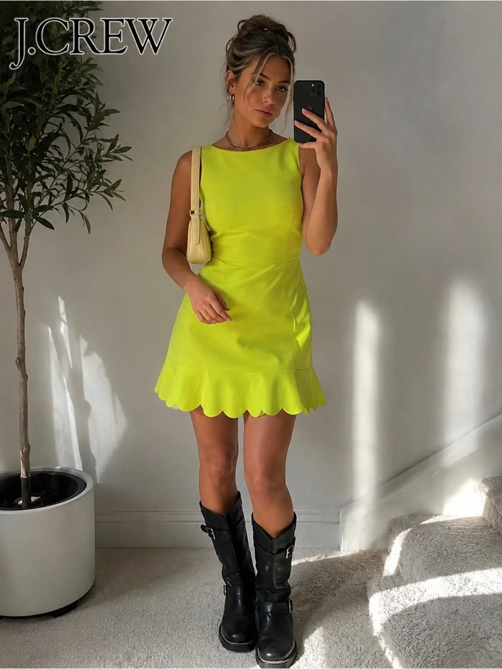 J. Crew Chartreuse Sleeveless Scallop-Hem Mini Dress